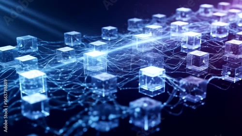 A complex network of interconnected translucent cubes, illuminated by luminous beams, projects a futuristic and technological concept.