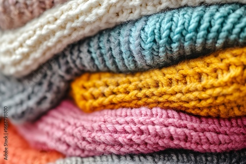 A pile of vibrant knitted scarves with cozy softness.