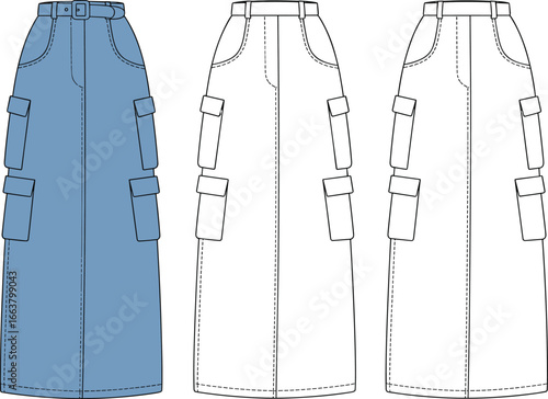Women's cargo skirt design, long skirt with pockets, belt detail fashion illustration, CAD drawing flat vector, apparel sketch, pencil skirt style, casual outfit concept