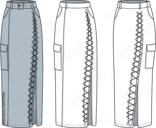 Women's lace-up skirt fashion illustration, midi skirt design, CAD drawing flat vector, detailed apparel sketch, pencil skirt style, side pocket, belt detail