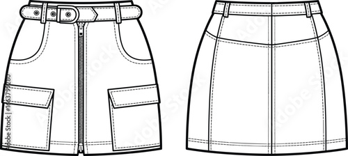 Women's mini cargo skirt with belt, front zipper, flap pockets, back yoke seam, fashion CAD drawing, flat vector illustration