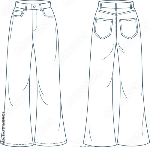 Women's wide leg jeans front and back technical sketch, high waist denim pants CAD drawing flat vector illustration for fashion design