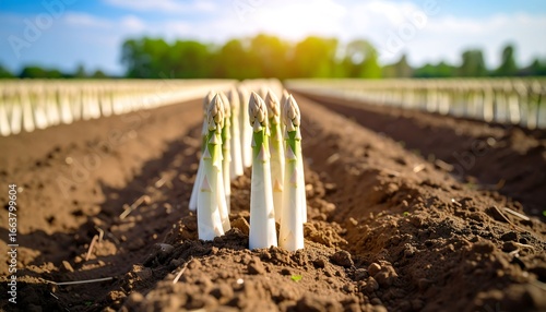 Rows of fresh white asparagus spears emerge from rich, dark earth in a sunny field.