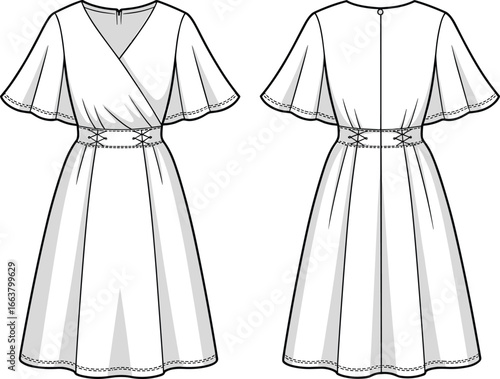 Wrap dress design, flared sleeve dress, belted waistline, women’s fashion sketch, sewing template, garment flat sketch, CAD drawing, flat vector illustration