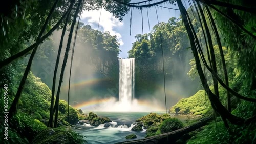 Lush rainforest backdrop reveals a majestic waterfall cascading into a tranquil pool, highlighting a vibrant rainbow.