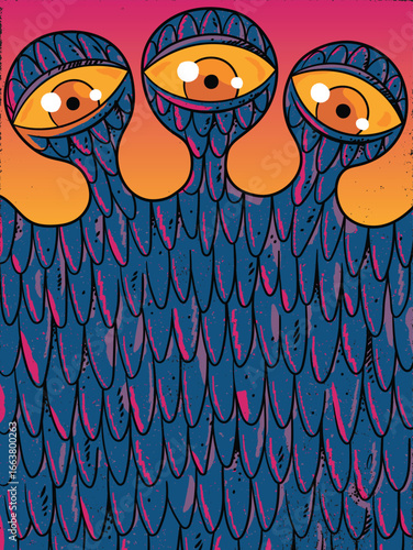 Monster face. Blue mutant creature. Horror character, grunge poster