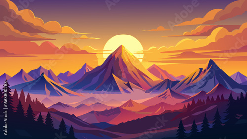 Stunning sunrise spreads across majestic mountain range, colorful sky glowing with warmth, peaks bathed in golden light, silence embraces horizon, awakening nature with harmony, timeless beauty inspir