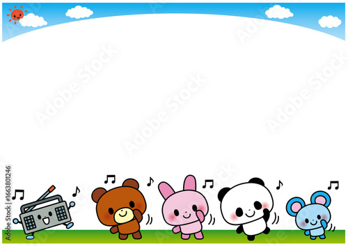 体操, 体育, 動物, 運動, フレーム, 運動会, パンダ, くま, うさぎ, ネズミ, 準備運動, ラジオ体操, メッセージ, 囲み枠, 飾り枠, 掲示板, お知らせ, 伝言板, 準備体操, 可愛い, 笑顔, 体育の日, ストレッチ, イラスト, 学校, スポーツ, 太陽, ラジオ, 健康, かわいい, 音符, 生活, トレーニング, 柔軟体操, 柔軟, エクササイズ, 夏休み, 夏, 朝, 