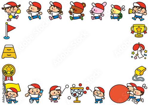 運動会,体育祭,フレーム,子供,小学校,幼稚園,保育園,小学生,学校,体育,運動,走る,メッセージ,囲み枠,飾り枠,掲示板,お知らせ,伝言板,体操服,旗,徒競走,跳び箱,大玉転がし,玉入れ,中学校,笛,メダル,ホイッスル,かけっこ,応援,素材,セット,体操,学校行事,春,秋,かわいい,中学生,トロフィー,人物,運動場,くす玉,可愛い,枠,メモ,伝言,イラスト
