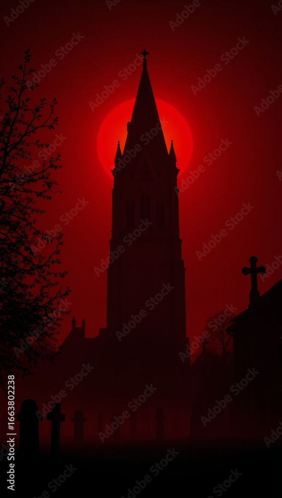 Fototapeta premium A spooky town bathed in blood red moonlight