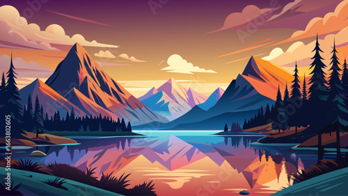 Stunning alpine landscape unfolds at sunset, majestic mountains towering above reflective lake, golden light dances across waters, serene stillness echoes peace, timeless nature whispers gently, a cap