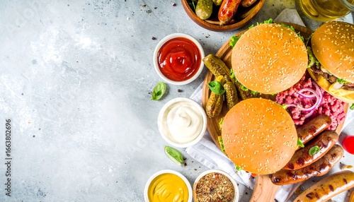 Wallpaper Mural Assorted gourmet burgers, sausages, and condiments displayed on a rustic wooden board, creating a flavorful and inviting food photography composition. Torontodigital.ca