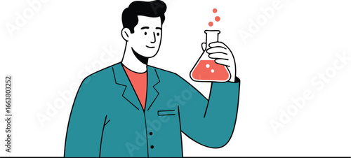 Young scientist holding a flask with red liquid conducting chemistry experiment vector illustration 