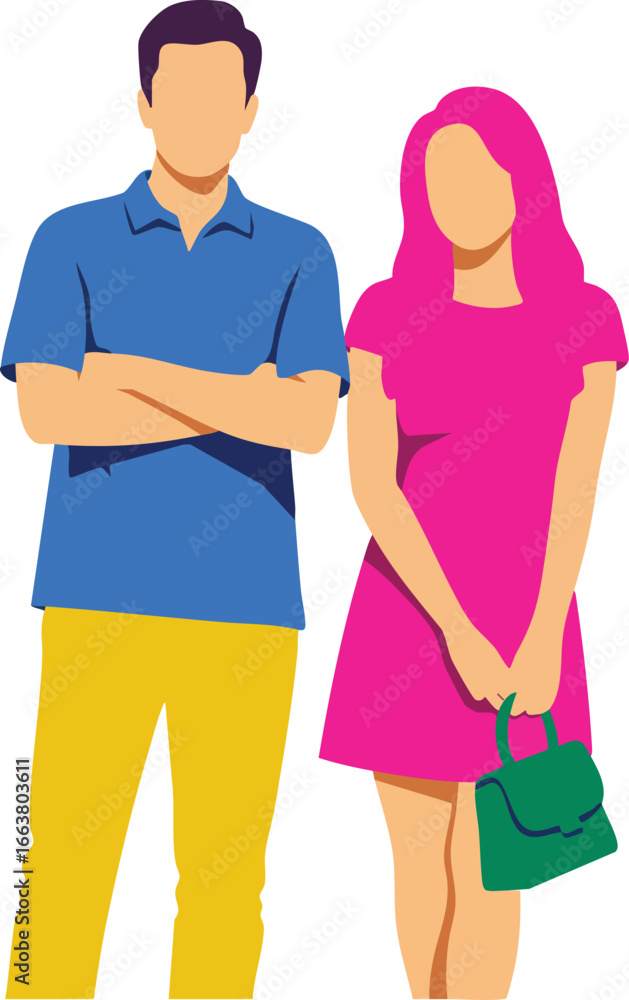 Obraz premium Young man in blue shirt and yellow pants with woman in pink dress holding green handbag vector illustration 