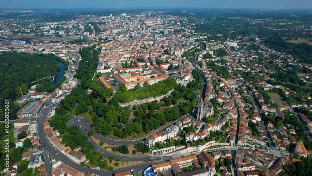 Naklejka premium Aerial panorama view around the old town and around the city Angoulême in France, on a sunny summer noon