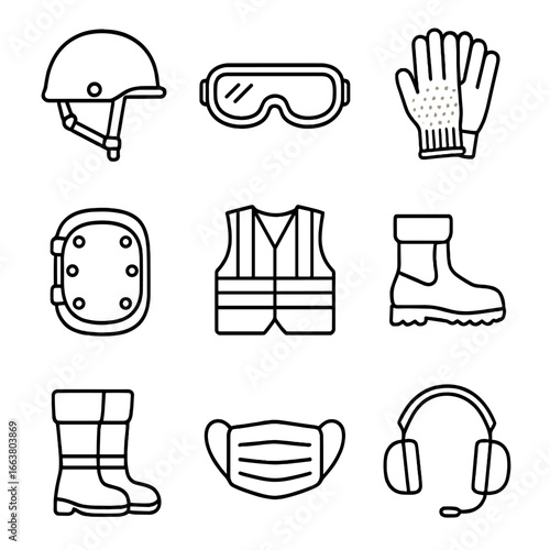 PPE Outline Icons. Outline style icon of Personal Protective Equipment: rescue helmet, safety goggles, cut-resistant gloves, knee
