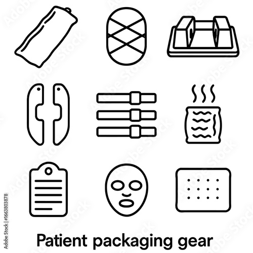 Patient Gear Icons. Outline style icon of Patient Packaging Gear: vacuum splint, full-body blanket, head immobilizer, scoop