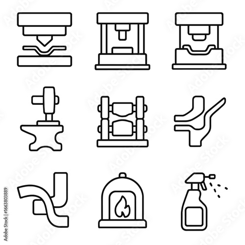 Metal Forming Icons. Outline style icon of Metal Forming Processes: press brake ram, hydraulic press, stamping die, forging hammer