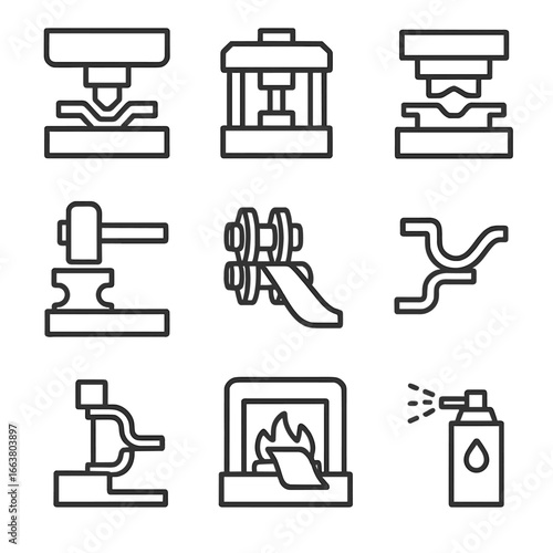 Metal Forming Icons. Outline style icon of Metal Forming Processes: press brake ram, hydraulic press, stamping die, forging hammer