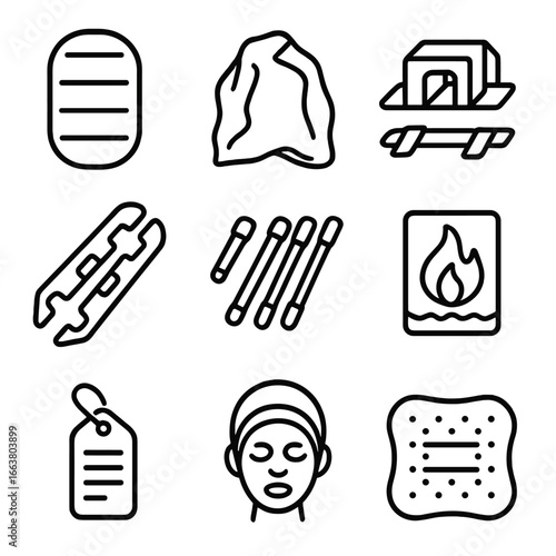 Patient Gear Icons. Outline style icon of Patient Packaging Gear: vacuum splint, full-body blanket, head immobilizer, scoop
