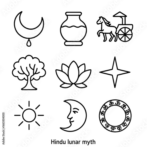 Hindu Lunar Myth Icon. Outline style icon of Hindu Lunar Myth: Chandra crescent jewel, Soma nectar pot, white stallion cart, Kalpa
