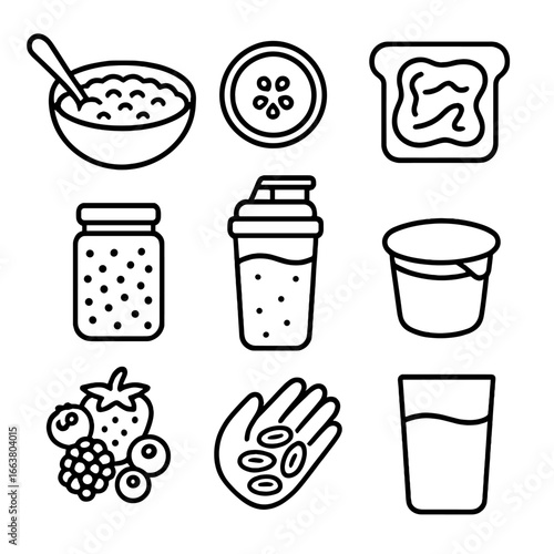 Pre-Workout Fuel Icons. Outline style icon of Healthy Pre-Workout Fuel: oatmeal bowl, banana slice, peanut butter toast, chia seed