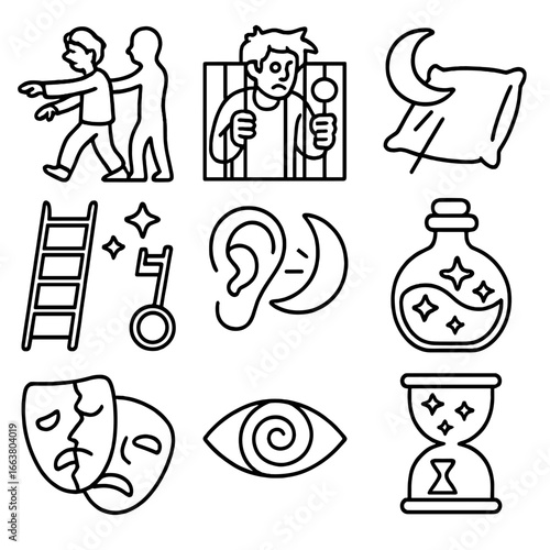Moon-Induced Dream Symbols. Outline style icon of Moon-Induced Dreams & Madness: sleepwalker shadow, lunatic cage key, moonbeam