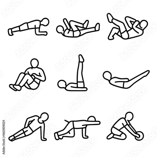Core Workout Icons. Outline style icon of Core Activation Circuit: plank hold, dead bug, bicycle crunch, Russian twist, leg raise,