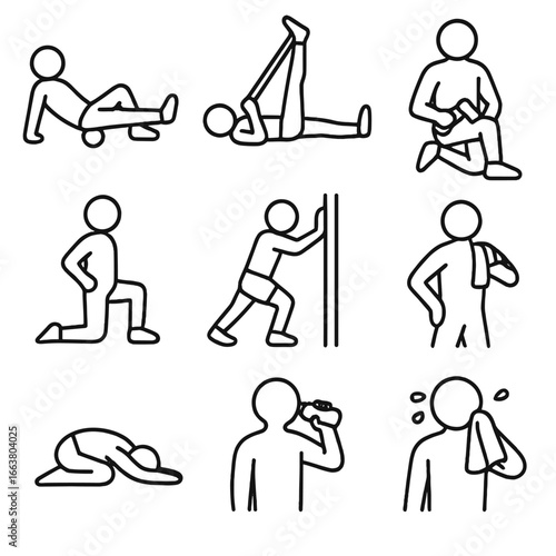 Post-Workout Recovery Icons. Outline style icon of Post-Workout Recovery: foam roll quad, hamstring stretch band, quad massage,