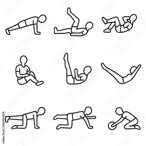 Core Workout Icons. Outline style icon of Core Activation Circuit: plank hold, dead bug, bicycle crunch, Russian twist, leg raise,