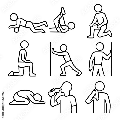 Post-Workout Recovery Icons. Outline style icon of Post-Workout Recovery: foam roll quad, hamstring stretch band, quad massage,