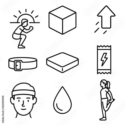 Morning Fitness Icons. Outline style icons of Morning Fitness: sunrise jump squat, plyo box, explosive arrow up, ankle strap