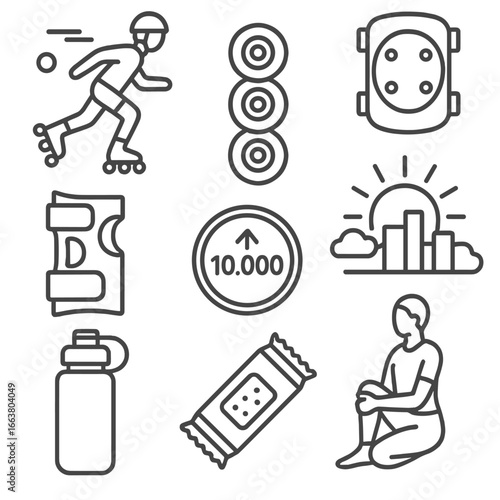 Morning Fitness Icons. Outline style icons of Morning Fitness: dawn skating stride, rollerblade wheels, knee pad protector, wrist
