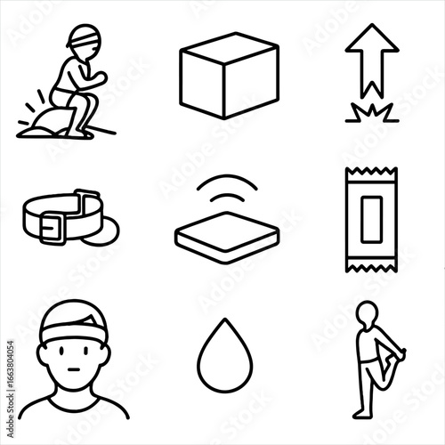 Morning Fitness Icons. Outline style icons of Morning Fitness: sunrise jump squat, plyo box, explosive arrow up, ankle strap