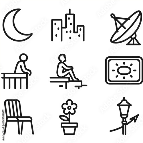 Moonlit Night Icons. Outline style icons of Moonlit Night: waning crescent moon, city skyline lights, rooftop stargazer figure,