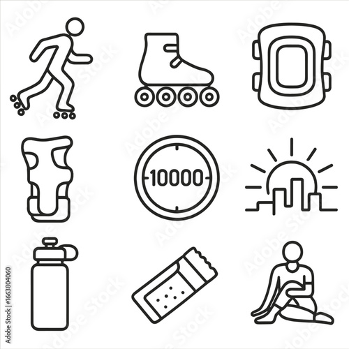 Morning Fitness Icons. Outline style icons of Morning Fitness: dawn skating stride, rollerblade wheels, knee pad protector, wrist