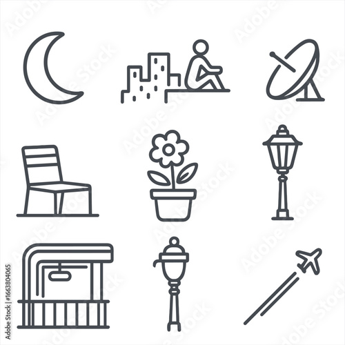 Moonlit Night Icons. Outline style icons of Moonlit Night: waning crescent moon, city skyline lights, rooftop stargazer figure,