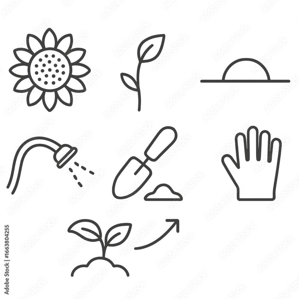 Fototapeta premium Minimalist Sunflower Icons. Outline style icons of Minimalist Sunflower: petal outline circle, seed dot matrix, graceful stem