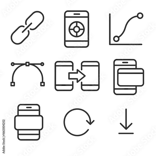 Mobile Design Icons. Outline style icons of Mobile Design: prototype link chain, interactive hotspot, transition animation curve,