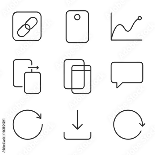 Mobile Design Icons. Outline style icons of Mobile Design: prototype link chain, interactive hotspot, transition animation curve,