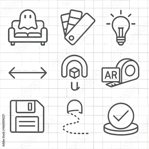 Mixed Reality Design Icons. Outline style icons of Mixed Reality: interior design sofa ghost, wall paint sampler, lighting preview