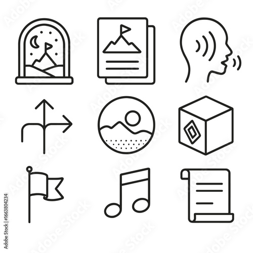 Mixed Reality Icons. Outline style icons of Mixed Reality: immersive story portal, chapter page card, narration voice icon,
