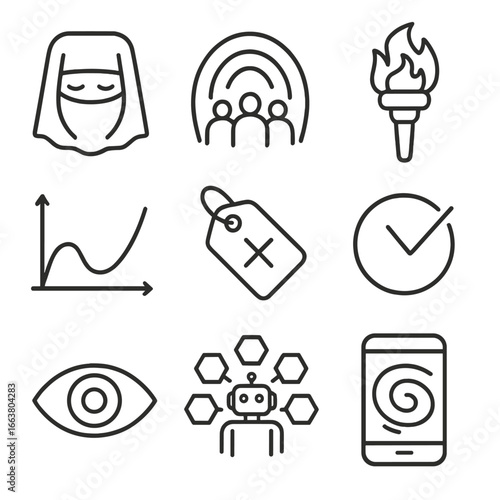 Misinformation Icons Compilation. Outline style icons of Misinformation: hidden context veil, rumor echo cave, rhetoric flame