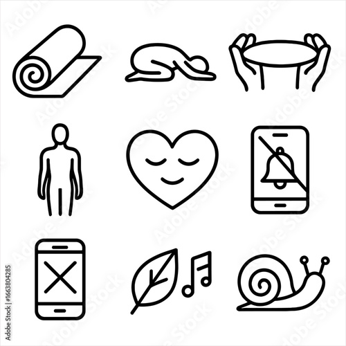 Mindfulness Icons. Outline style icons of Mindfulness: yoga mat roll, child’s pose silhouette, mindful stretch band, body scan