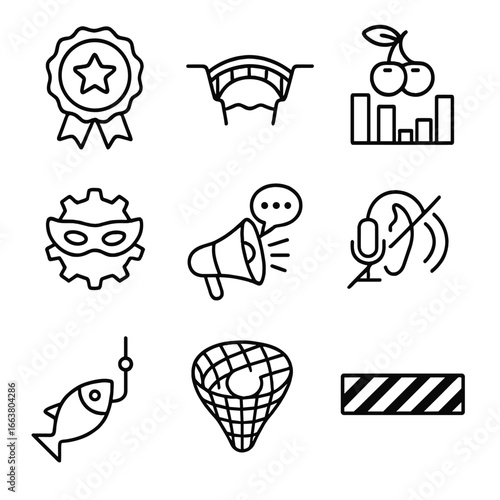 Misinformation Icons Collection. Outline style icons of Misinformation: fake endorsement badge, story gap bridge, data cherry