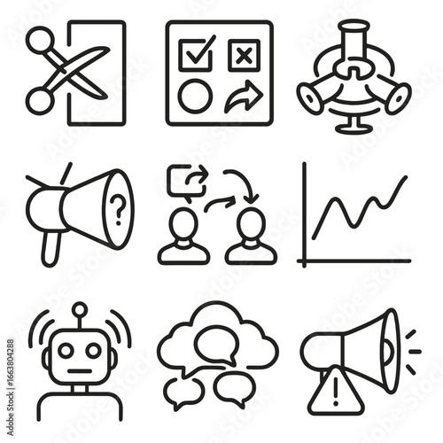 Misinformation Icons Set. Outline style icons of Misinformation: cropped context scissors, fake survey checkbox, rumor centrifuge