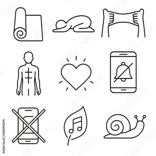 Mindfulness Icons. Outline style icons of Mindfulness: yoga mat roll, child’s pose silhouette, mindful stretch band, body scan