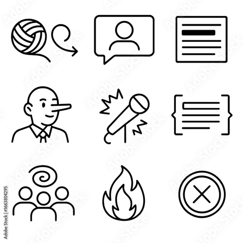 Misinformation Icons Collection. Outline style icons of Misinformation: conspiracy thread yarn, anonymous forum post, redacted