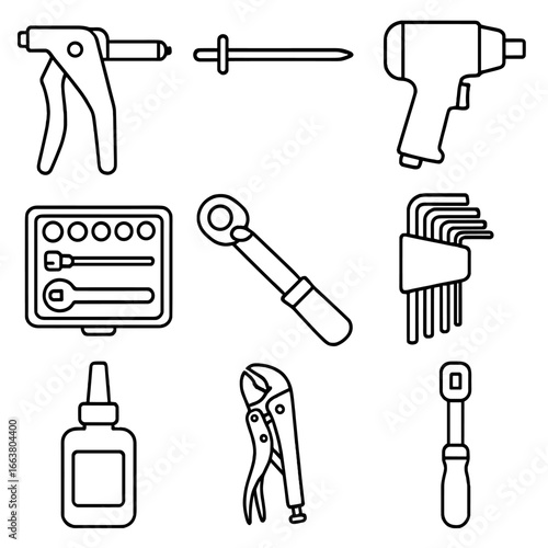 Metalworking Tool Icons. Outline style icons of Metalworking Tool: pop rivet gun, rivet mandrel pin, pneumatic impact wrench,