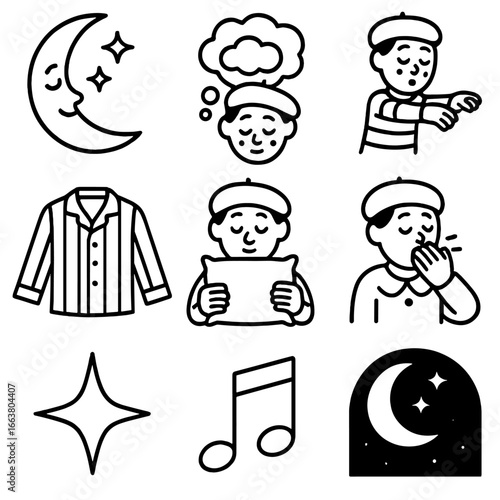 Mime's Dreamy Night. Outline style icons of Mime: shining moon gaze, dreamy cloud thought, sleepwalking arms, striped pajama top,